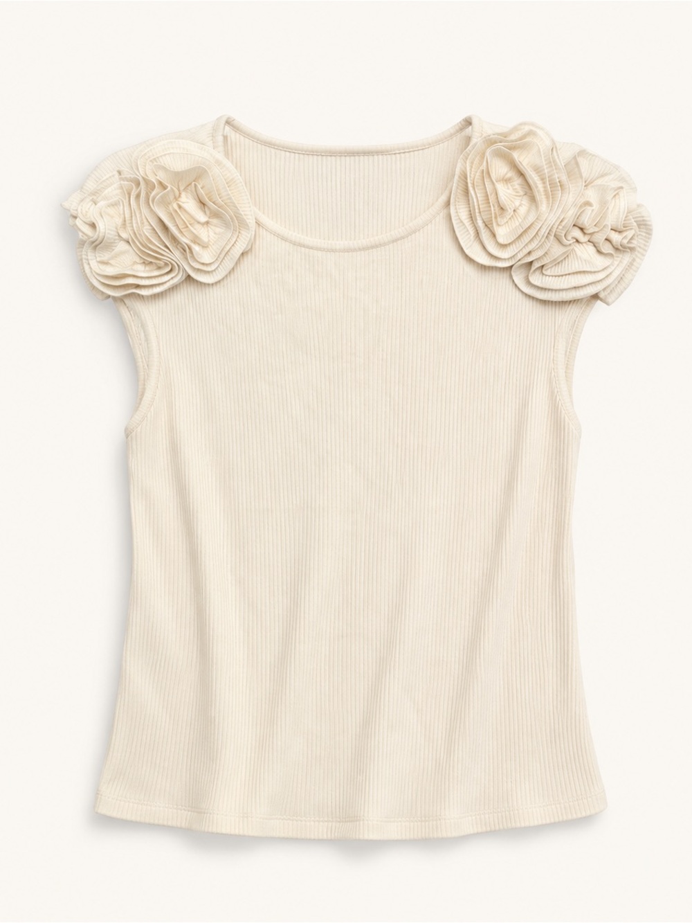 J. Crew Cream Short-Sleeve Ribbed Top with Rosette Shoulders